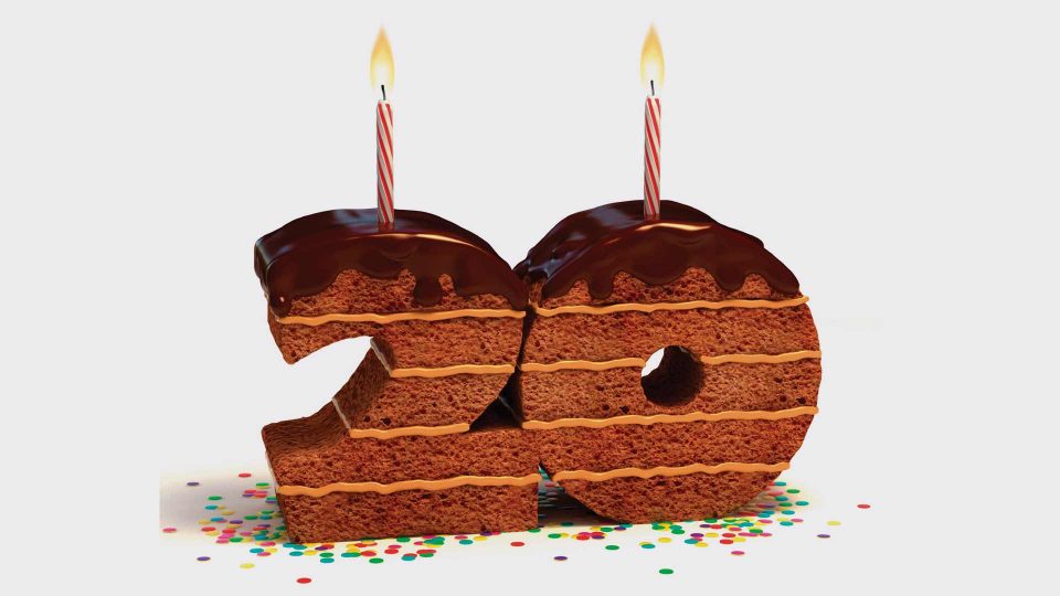 the number 20 made out of cake with two candles on top