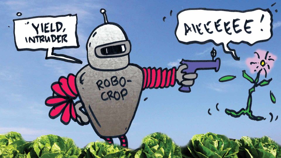 cartoon robot shooting a vegetable