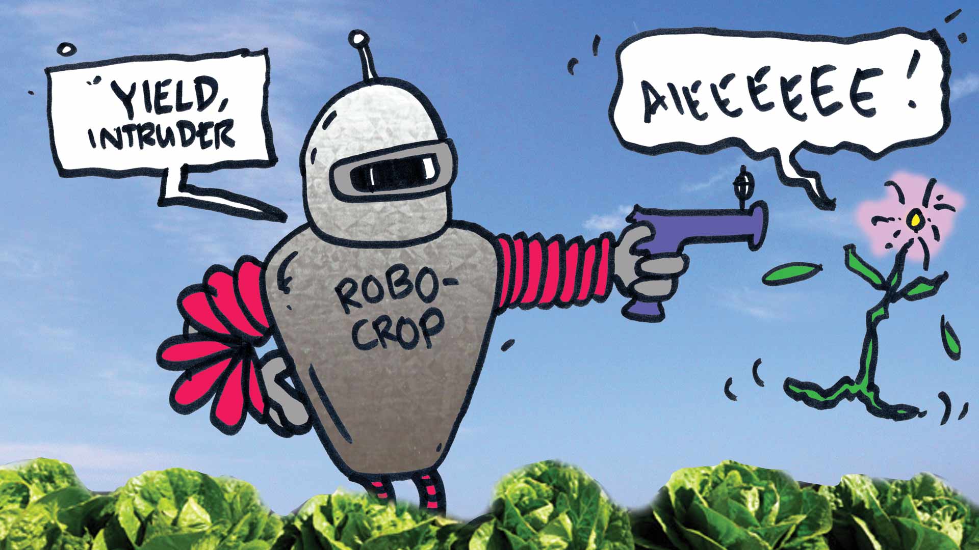 cartoon robot shooting a vegetable