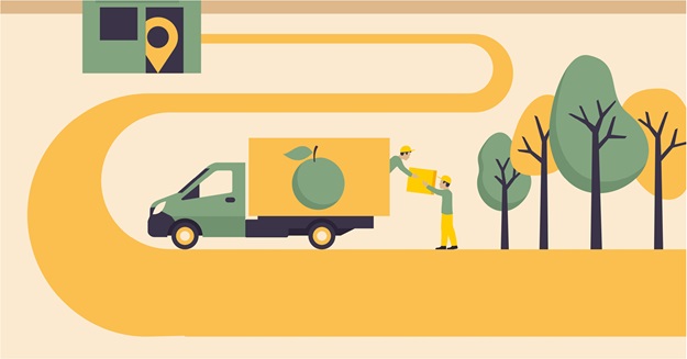 Illustration of two individuals loading fruit into the back of a truck